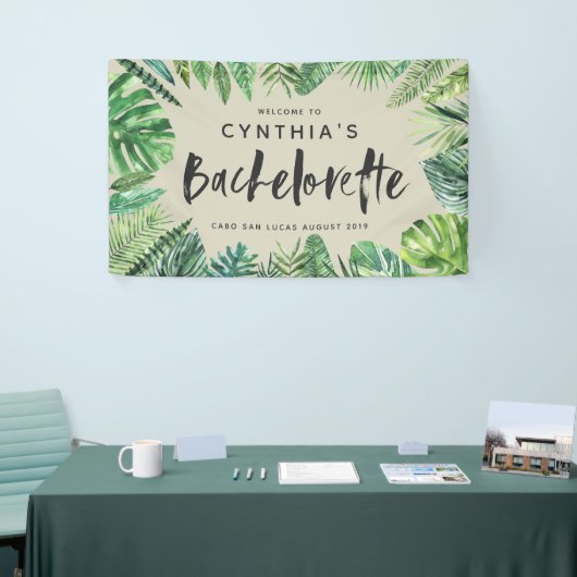 Tropisch palmblad & script bachelorette spandoek (Beurs)