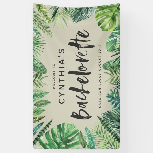 Tropisch palmblad & script bachelorette spandoek (Verticaal)