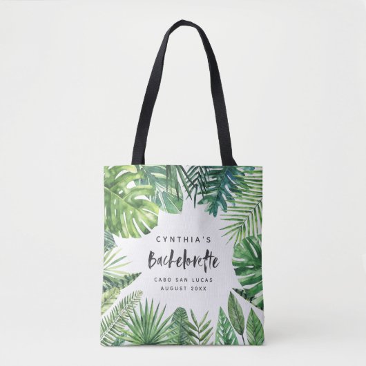 Tropisch palmblad & script bachelorette vakantie draagtas (Voorkant)