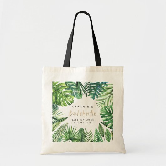 Tropisch palmblad & script bachelorette vakantie tote bag (Voorkant)