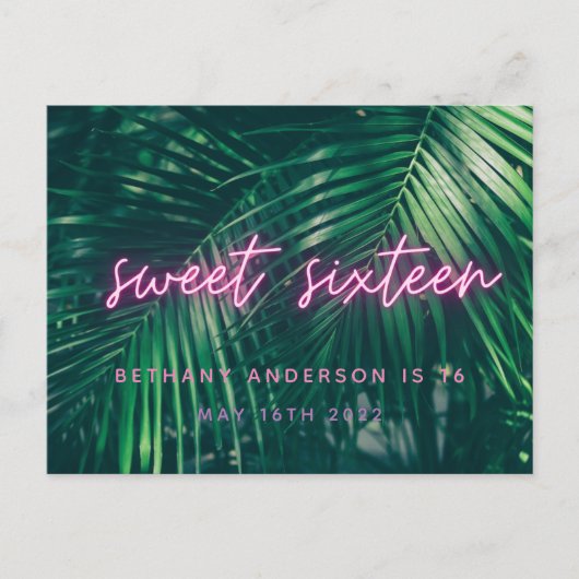 Tropisch palmgroen neonschrift, zoete 16 verjaarda briefkaart (Voorkant)