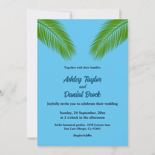 Tropisch palmlef blauw kuststrand bruiloft marine kaart (Voorkant)