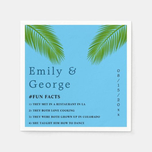 Tropisch palmlef blauw kuststrand bruiloft marine servet (Voorkant)