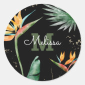 Tropisch palmmonogram script Gold Glitter Black Ronde Sticker (Voorkant)