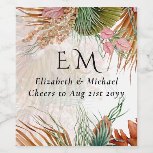 Tropisch Pampagras Terracotta Bruiloft Wijn Etiket (Enkel label)