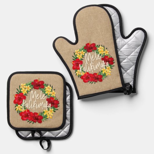 Tropisch paradijs Hawaiian Holiday Wreath Burlap Ovenwant & Pannenlap Set (Voorkant / Achterkant)