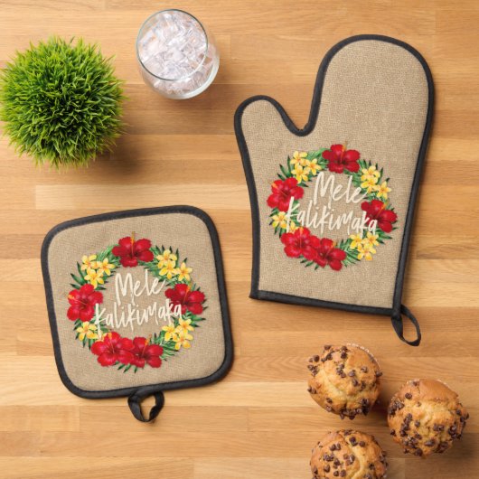 Tropisch paradijs Hawaiian Holiday Wreath Burlap Ovenwant & Pannenlap Set (Top down)
