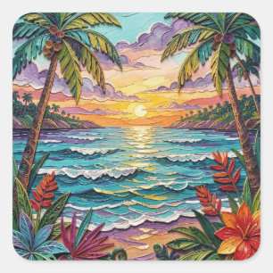 Tropisch Paradijs Kust Strand Scène Impasto Vierkante Sticker
