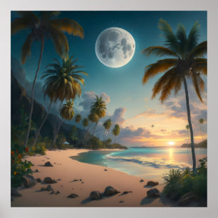 Tropisch paradijs 's nachts, met palmbomen poster