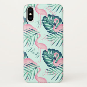 Tropisch paradise Palm Leaf & Roze Flamingo Name iPhone X Hoesje