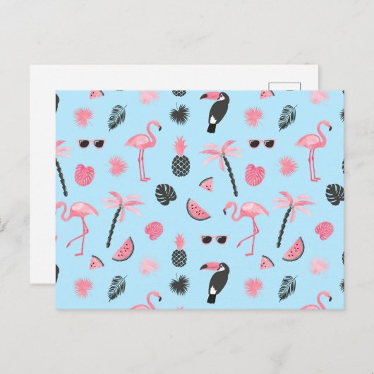 Tropisch patroon roze en blauwe zomer briefkaart (Voorkant / Achterkant)