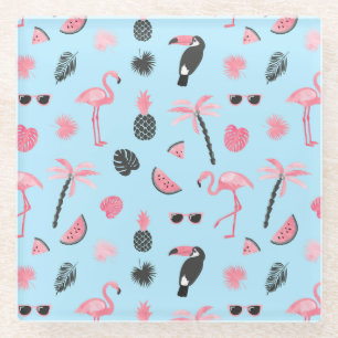 Tropisch patroon roze en blauwe zomer glazen onderzetter