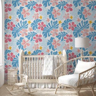 Tropisch patroon Roze Rood Geel Hibiscus Bladeren Behang