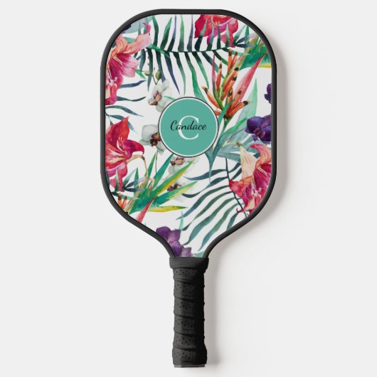 Tropisch patroon voor eilandstijl met monogram pickleball paddle (Voorkant)