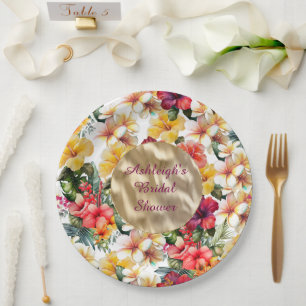 Tropisch Rood Geel Hibiscus Bloemen Vrijgezellenfe Papieren Bordje