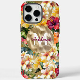 Tropisch rood gele hibiscus bloemen monogram iPhone 16 pro max hoesje