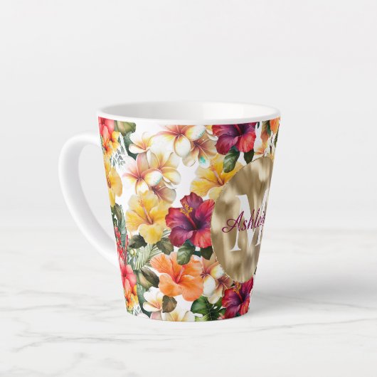 Tropisch rood gele hibiscus bloemen monogram latte mok (Linkerhoek)