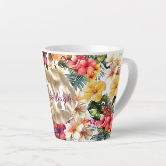 Tropisch rood gele hibiscus bloemen monogram latte mok (Rechterhoek)