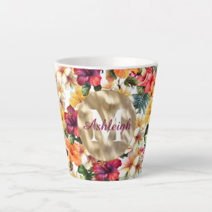 Tropisch rood gele hibiscus bloemen monogram latte mok