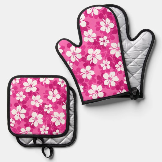 Tropisch rood Violet White Hibiscus Flower Pattern Ovenwant & Pannenlap Set (Voorkant / Achterkant)