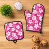 Tropisch rood Violet White Hibiscus Flower Pattern Ovenwant & Pannenlap Set (Top down)