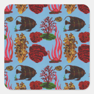 Tropisch rood Zee Koraal Ref Ocean Fish Waterverf Vierkante Sticker