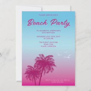 Tropisch Roze Blau Strandfeest Palmboom Verjaardag Kaart