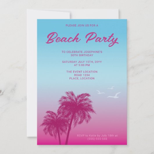 Tropisch Roze Blauw Strand Partij Palm Trees Verja Kaart (Voorkant)