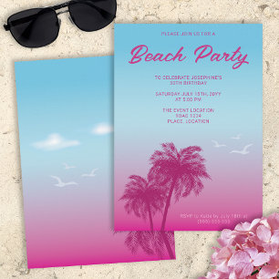 Tropisch Roze Blauw Strandfeest Palmbomen Verjaard Kaart