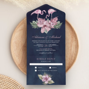 Tropisch Roze Bloem Flamingo Marineblauw Huwelijk All In One Uitnodiging