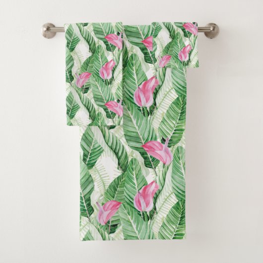 Tropisch roze bloemen en groen bad handdoek (Insitu)