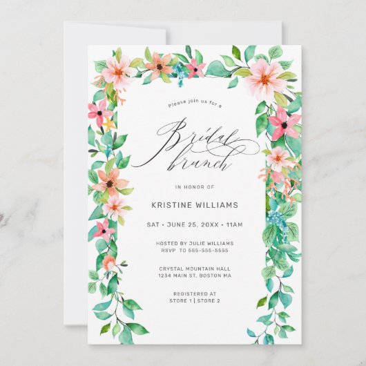 Tropisch Roze Bloemen Modern Script Bridal Brunch Kaart (Voorkant)