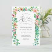 Tropisch Roze Bloemen Modern Script Vrijgezellenfe Kaart (Staand voorkant)