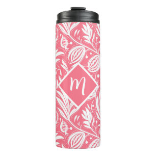 Tropisch Roze Bloemen Patroon Diamant Monogram Thermosbeker