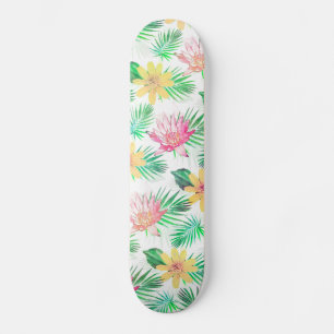 Tropisch roze en gele bloemen skateboard