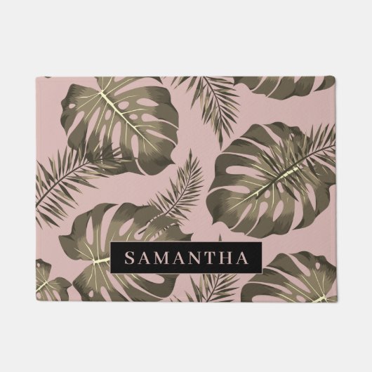 Tropisch roze en goudpalm lederen patroon en naam deurmat (Voorkant)
