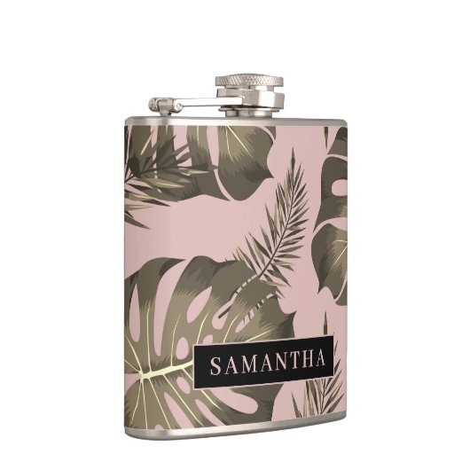 Tropisch roze en goudpalm lederen patroon en naam heupfles (Rechts)