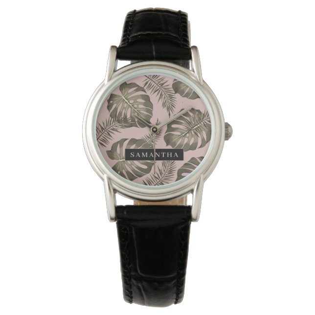 Tropisch roze en goudpalm lederen patroon en naam horloge (Voorkant)