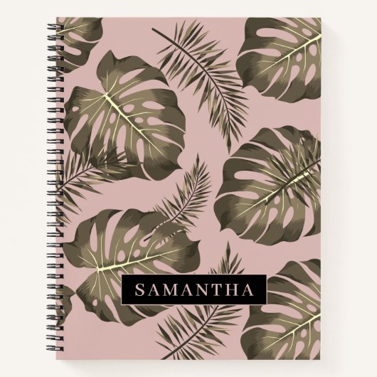 Tropisch roze en goudpalm lederen patroon en naam notitieboek (Voorkant)