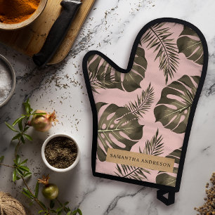 Tropisch roze en goudpalm lederen patroon en naam ovenwant & pannenlap set