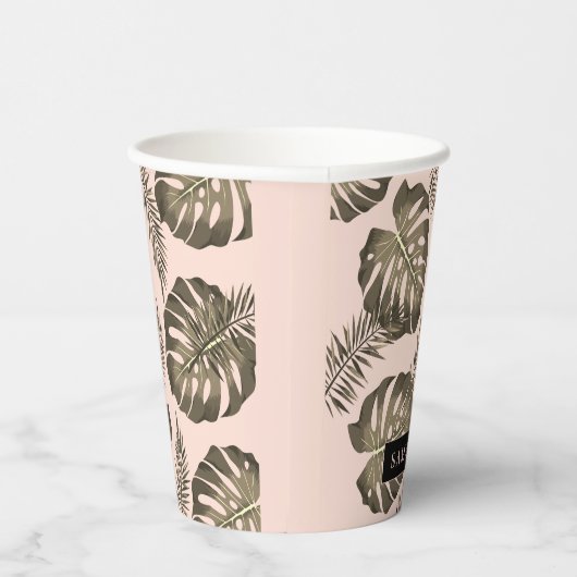 Tropisch roze en goudpalm lederen patroon en naam papieren bekers (Rechts)