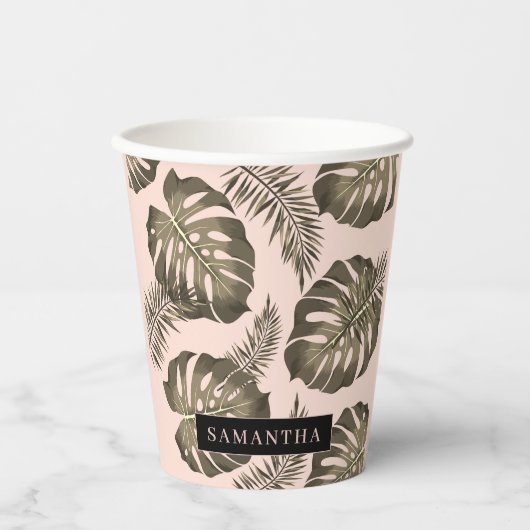 Tropisch roze en goudpalm lederen patroon en naam papieren bekers (Voorkant)