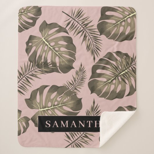 Tropisch roze en goudpalm lederen patroon en naam sherpa deken (Voorkant)