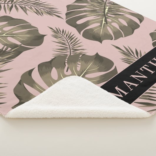 Tropisch roze en goudpalm lederen patroon en naam sherpa deken (3/4)