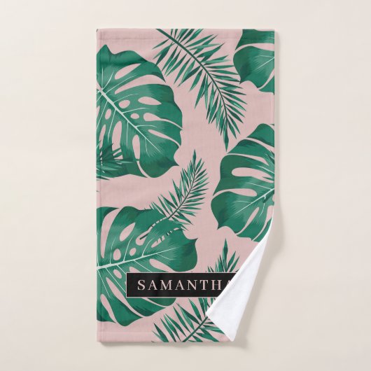Tropisch roze en groen lederen patroon en naam bad handdoek (Handdoek)