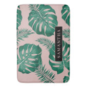 Tropisch roze en groen lederen patroon en naam badmat (Voorkant Verticaal)