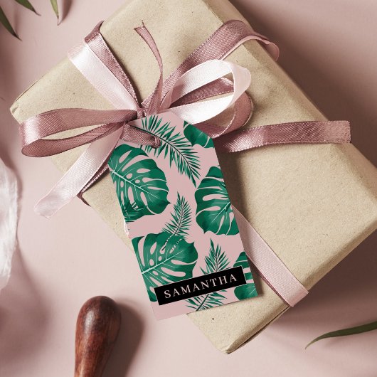 Tropisch roze en groen lederen patroon en naam cadeaulabel