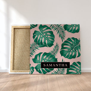 Tropisch roze en groen lederen patroon en naam canvas afdruk
