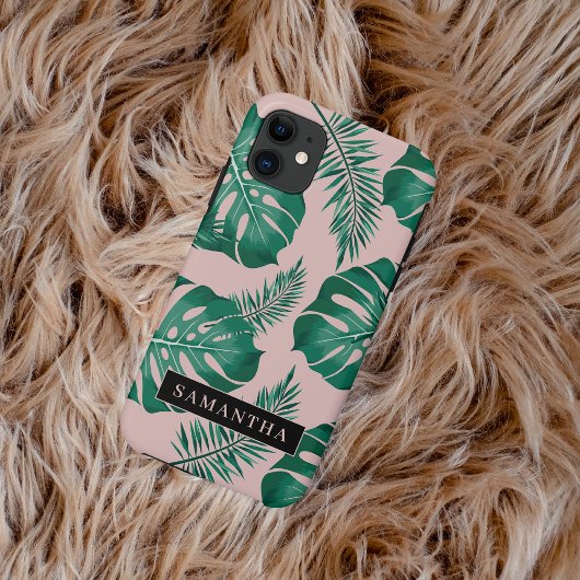 Tropisch roze en groen lederen patroon en naam Case-Mate iPhone case