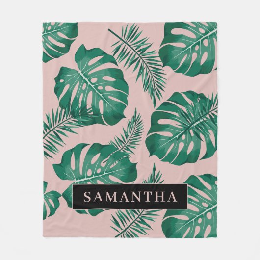Tropisch roze en groen lederen patroon en naam fleece deken (Voorkant)